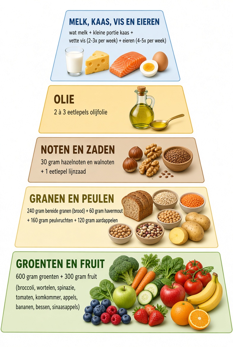Onze voedselpiramide met de dagelijkse en wekelijkse hoeveelheden